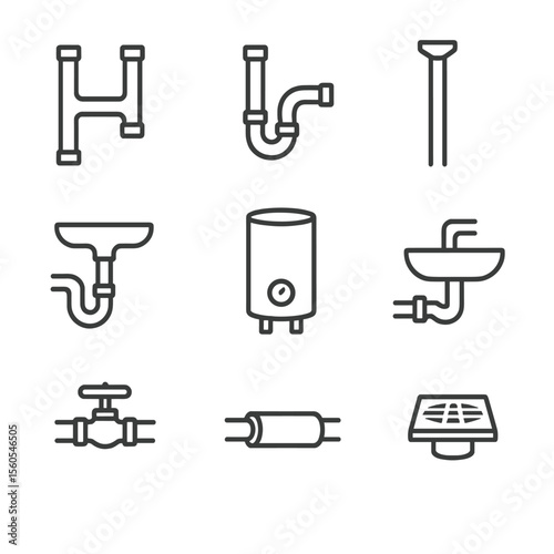 Plumbing Icon Set. Outline icon set of Plumbing and Piping Cutaway: water supply line, drain pipe, vent stack, sink trap, water