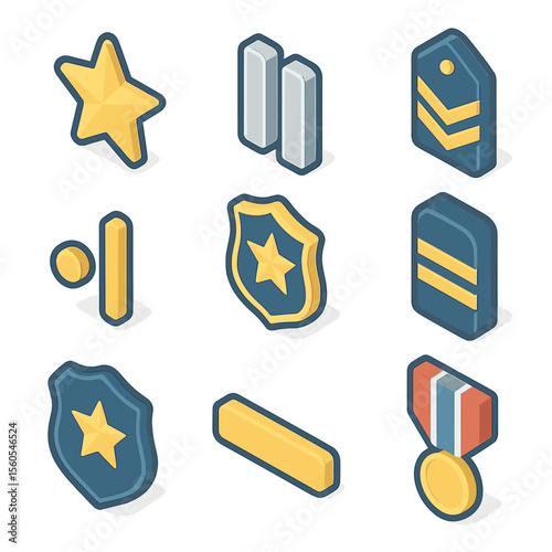 Police Insignia Icons. Isometric Flat icon set of police rank insignia and badges: captain’s star, lieutenant’s bars, sergeant’s