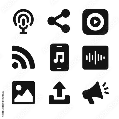 Podcast Promotion Icons. Solid, filled icon set of podcast promotion tools: podcast icon, share button, streaming platform, RSS