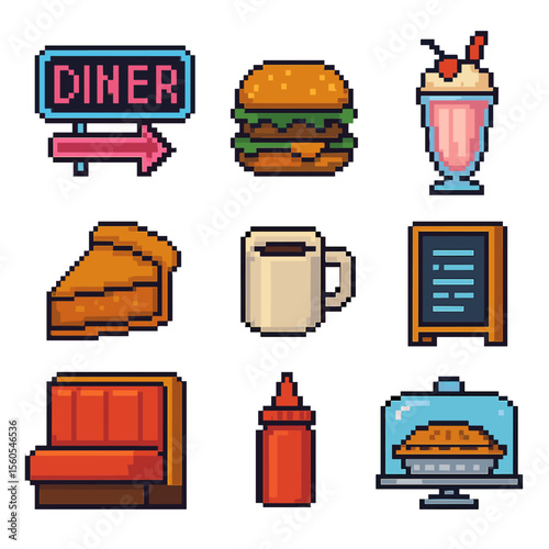 Diner Pixel Art Icons. Pixel art icon set of roadside diner stops: neon diner sign, burger, milkshake, pie slice, coffee mug, menu