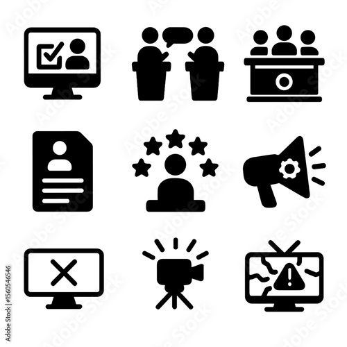 Political Media Icon Grid. Solid, filled icon set of Political media coverage: election results, political debate, legislative