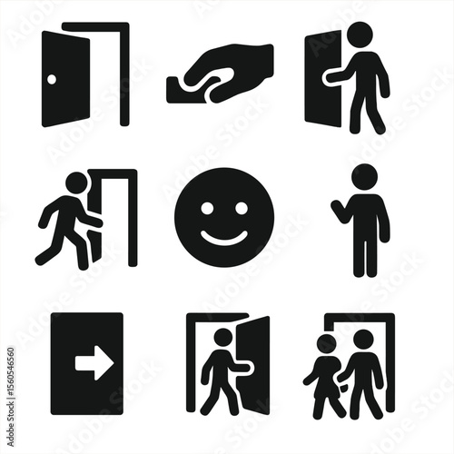Polite Door Icons. Solid, filled icon set of holding the door for someone: open door, hand on door handle, person holding door,