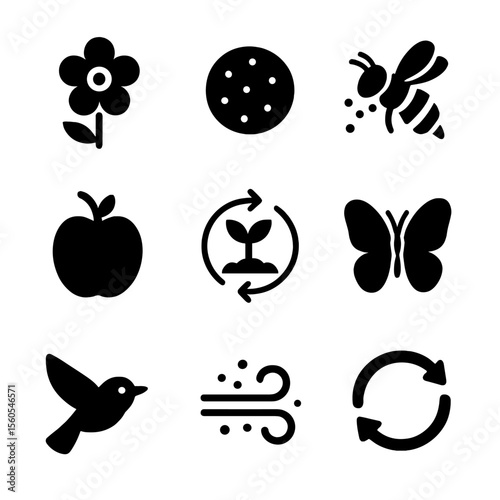 Pollination Icon Set. Solid, filled icon set of pollination process: flower, pollen grain, bee collecting nectar, seed formation,