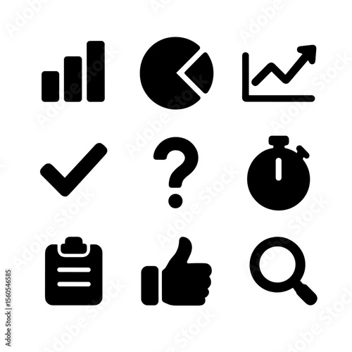 Poll Insights Icons. Solid, filled icon set of poll and quiz insights: bar chart, pie chart, line graph, checkmark, question mark,