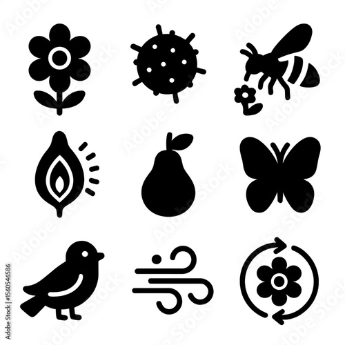 Pollination Icon Set. Solid, filled icon set of pollination process: flower, pollen grain, bee collecting nectar, seed formation,