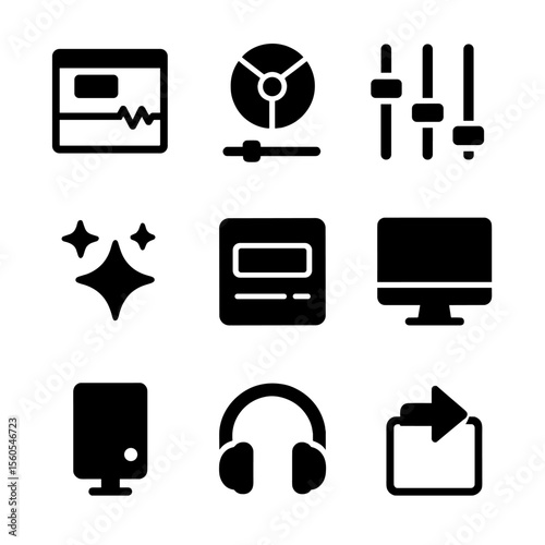 Post-Production Toolset Icons. Solid, filled icon set of post-production tools: editing timeline, color grading, sound mixer,