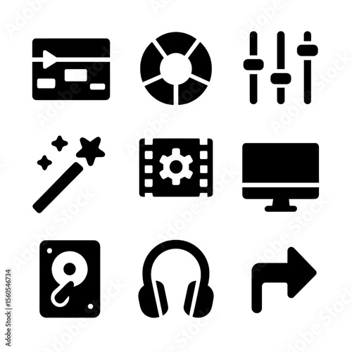 Post-Production Toolset Icons. Solid, filled icon set of post-production tools: editing timeline, color grading, sound mixer,