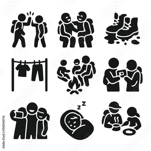 Post-Hike Family Icons. Solid, filled icon set of post-hike family moments: high-five, shared laugh, wet shoes, drying clothes,