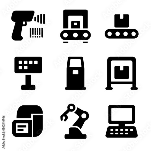 Post Office Automation Icons. Solid, filled icon set of post office automation: barcode scanner, automated sorting machine,