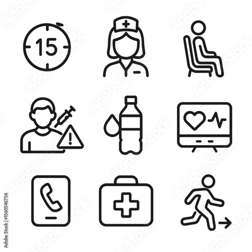 Post-Vaccination Icons Set. Outline icon set of post-vaccination observation notices: 15-minute timer, nurse monitoring icon,