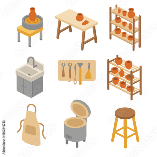 Pottery Studio Icons. Isometric Flat icon set of pottery studio interior: potter’s wheel, worktable, shelving with pots, sink,