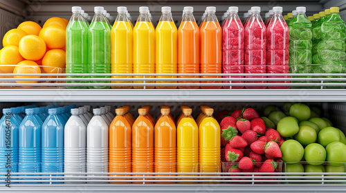 Colorful Beverage Display: Vibrant bottles and fresh fruits, meticulously arranged, present a visual symphony of refreshment, promising a delightful taste sensation.