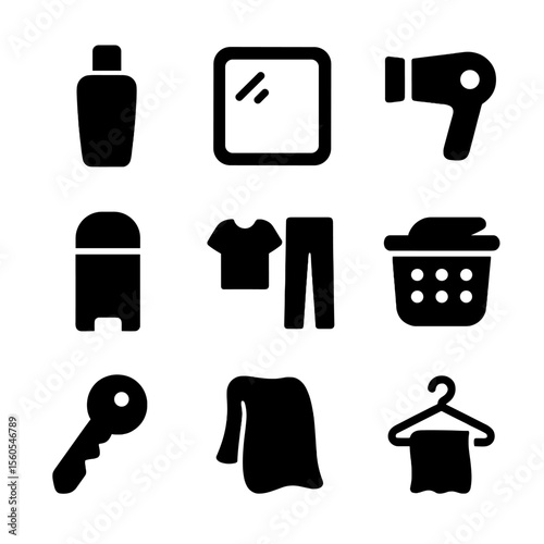 Post-Workout Essentials Icons. Solid, filled icon set of post-workout locker room routine: shampoo bottle, body wash, mirror, hair