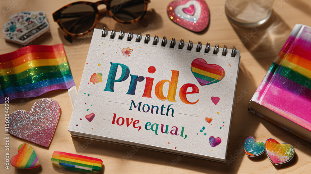 Fototapeta premium Colorful Pride Month celebration on a desk with rainbow hearts, flag, and handwritten typography