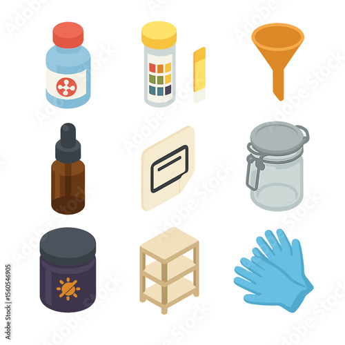 Preservation Icon Set. Isometric Flat icon set of preservation and shelf-life: preservative liquid bottle, pH test strip, small