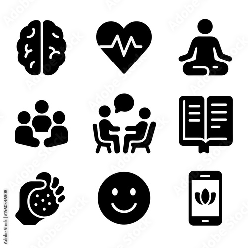Preventive Healthcare Icons. Solid, filled icon set of preventive healthcare mental health: brain, heart with pulse, meditation