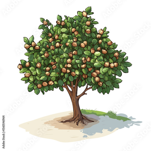 Hazelnut Tree, vector graphic, 2D flat isometric cartoon illustration on white background.
