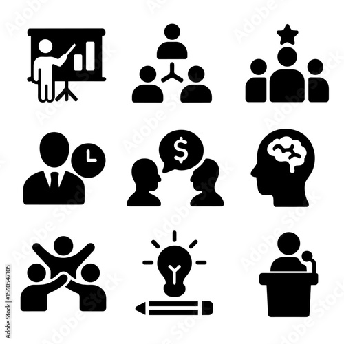 Professional Skills Icons. Solid, filled icon set of professional development skills: presentation, networking, leadership, time