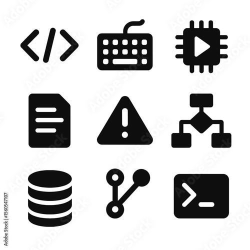 Programming Tools Icons. Solid, filled icon set of programming tools: code brackets, keyboard, compiler, script file, error