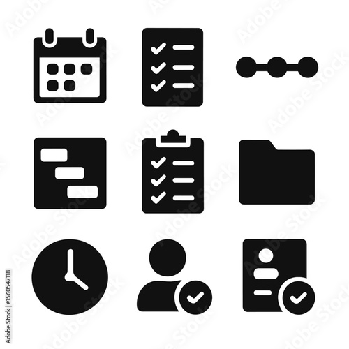 Project Management Icons. Solid, filled icon set of project planning and management: calendar, checklist, timeline, gantt chart,