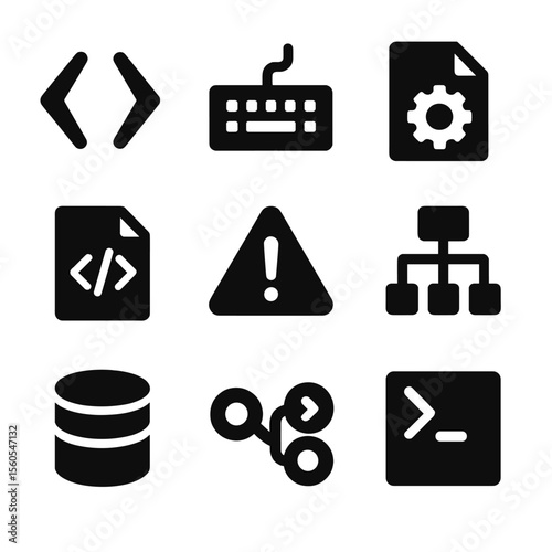 Programming Tools Icons. Solid, filled icon set of programming tools: code brackets, keyboard, compiler, script file, error