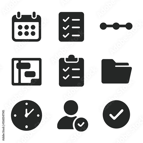 Project Management Icons. Solid, filled icon set of project planning and management: calendar, checklist, timeline, gantt chart,