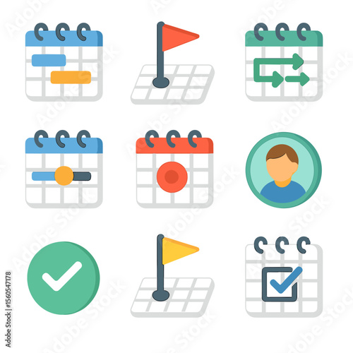 Project Timeline Icons. Isometric Flat icon set of project timeline calendars: Gantt chart bar, milestone flag, task dependency