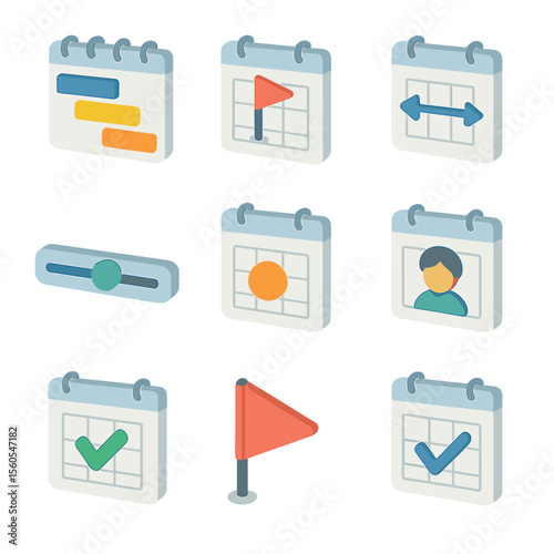 Project Timeline Icons. Isometric Flat icon set of project timeline calendars: Gantt chart bar, milestone flag, task dependency