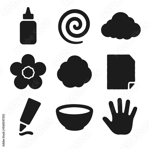 Puffy Paint Icons. Solid, filled icon set of puffy paint activities: puffy bottle, swirl design, painted cloud, textured flower,