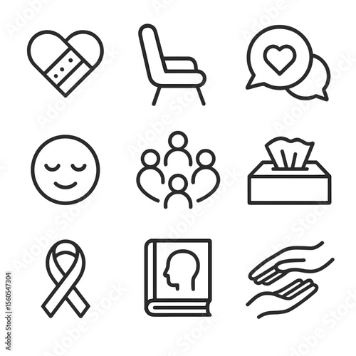 Psychological First Aid Icons. Outline icon set of psychological first aid: heart with bandage, counseling chair, speech bubble