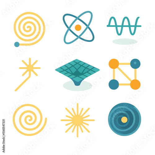 Quantum Energy Icons. Isometric Flat icon set of quantum energy and particle spirals: particle accelerator spiral, electron orbit
