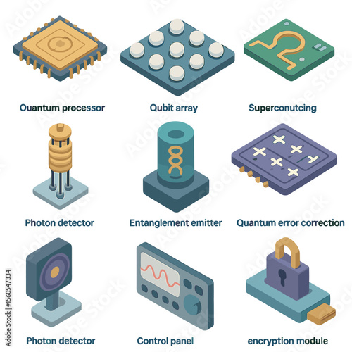 Quantum Cybersecurity Icons. Isometric Flat icon set of quantum computing elements: quantum processor chip, qubit array,