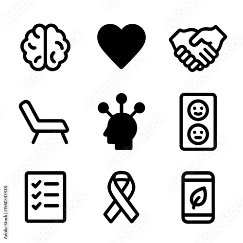 Psychological Support Icons. Solid, filled icon set of psychological support: brain, heart, hand holding, therapist chair, mind