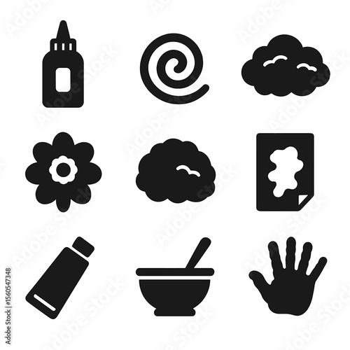Puffy Paint Icons. Solid, filled icon set of puffy paint activities: puffy bottle, swirl design, painted cloud, textured flower,