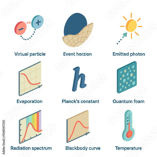 Quantum Phenomena Icons. Isometric Flat icon set of Hawking radiation and quantum phenomena: virtual particle pair, event horizon
