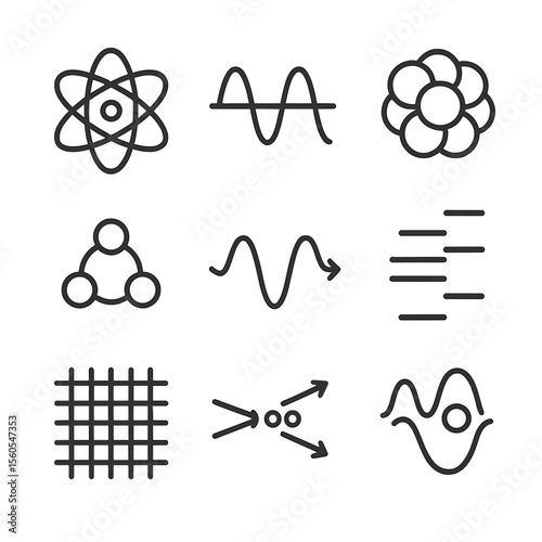 Quantum Energy Icons. Outline icon set of Quantum and Subatomic Energies: electron orbit, photon wave, atomic nucleus, quark