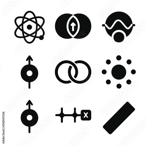 Quantum Physics Icon Set. Solid, filled icon set of quantum physics: quantum state, entanglement icon, wave-particle duality,