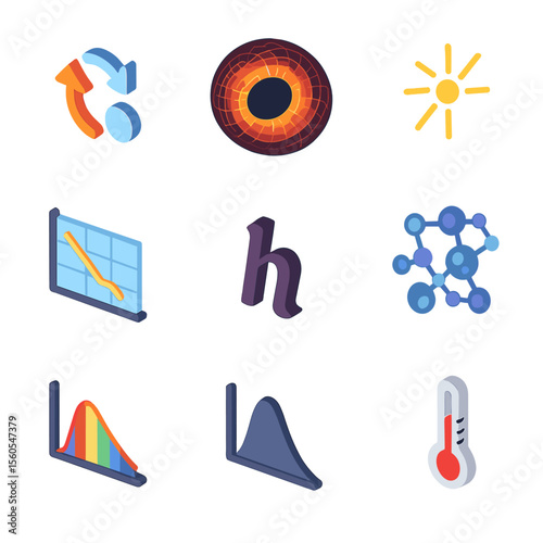 Quantum Phenomena Icons. Isometric Flat icon set of Hawking radiation and quantum phenomena: virtual particle pair, event horizon
