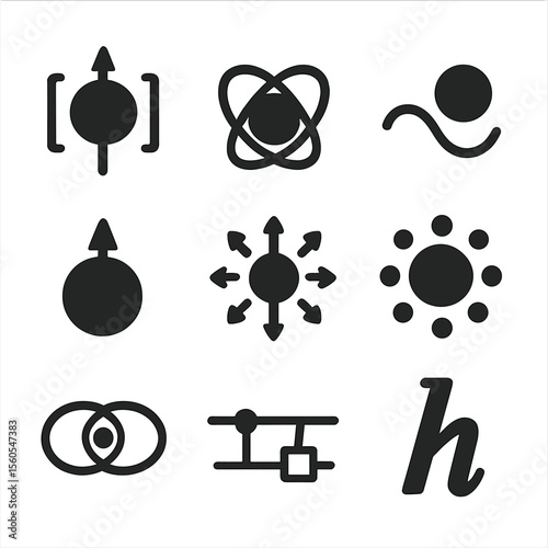 Quantum Physics Icon Set. Solid, filled icon set of quantum physics: quantum state, entanglement icon, wave-particle duality,