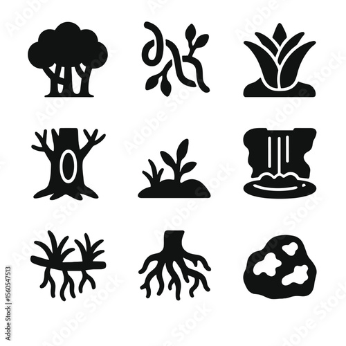 Rainforest Habitat Icons. Solid, filled icon set of rainforest animal habitats: dense canopy, vine tangle, bromeliad, hollow tree,