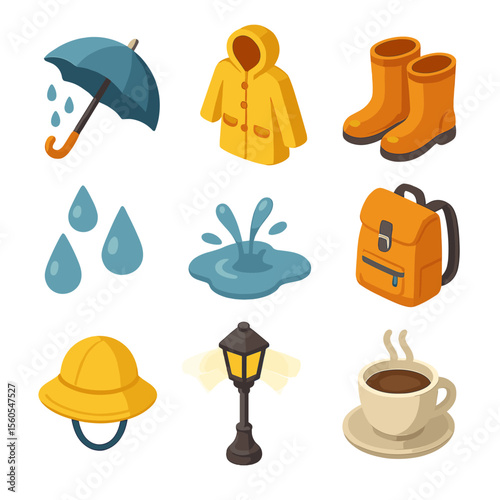 Rainy Day Essentials. Isometric Flat icon set of rainy city day gear: umbrella, raincoat, rain boots, puddle splash, raindrops,