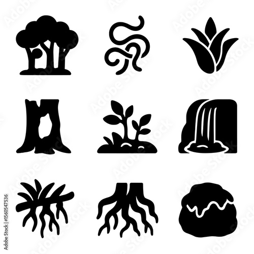 Rainforest Habitat Icons. Solid, filled icon set of rainforest animal habitats: dense canopy, vine tangle, bromeliad, hollow tree,