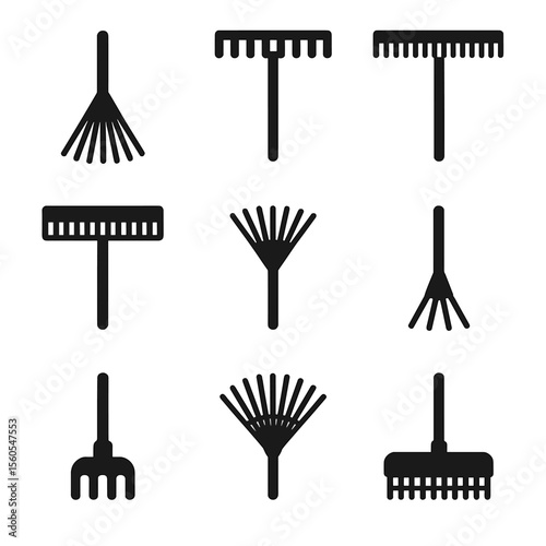 Rake Icons Grid. Solid, filled icon set of rake types: leaf rake, garden rake, landscape rake, thatch rake, bow rake, shrub rake,