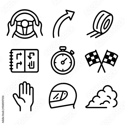 Rally Driving Icons. Outline icon set of rally driving POV: steering wheel, drift angle arrow, tire skid, co-driver notes,