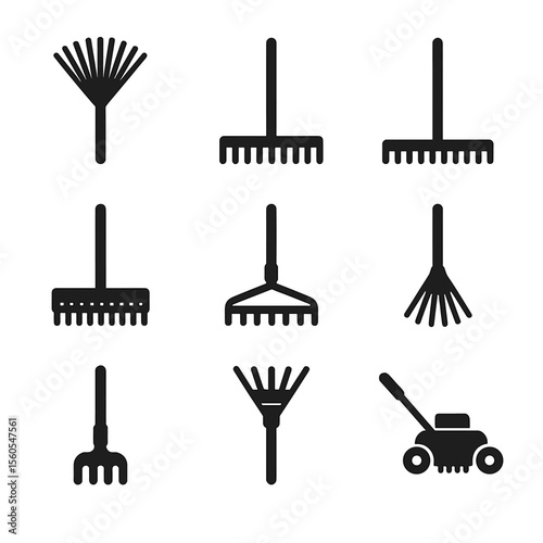 Rake Icons Grid. Solid, filled icon set of rake types: leaf rake, garden rake, landscape rake, thatch rake, bow rake, shrub rake,