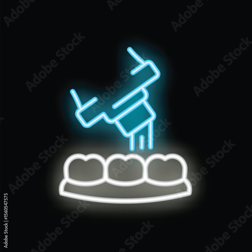 Blue neon icon of a dental polymerization lamp solidifying filling material on a patient's teeth