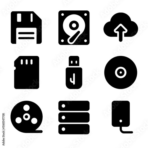 Recording Media Icons. Solid, filled icon set of recording media: floppy disk, hard drive, cloud upload, memory card, USB stick,