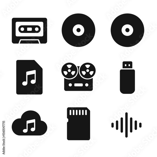 Recording Formats Icons. Solid, filled icon set of recording formats: cassette tape, vinyl record, CD, digital file, reel-to-reel,