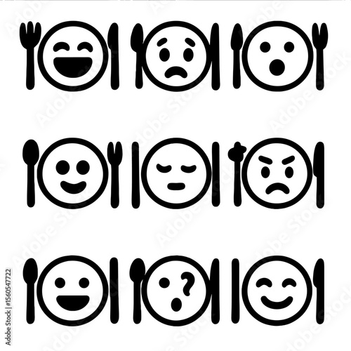 Dinner Emotion Icons. Solid, filled icon set of Emotional expressions at dinner: laughter, tears, surprise face, love heart, calm
