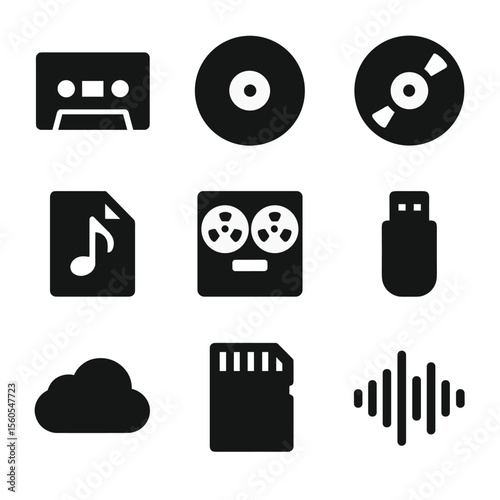 Recording Formats Icons. Solid, filled icon set of recording formats: cassette tape, vinyl record, CD, digital file, reel-to-reel,